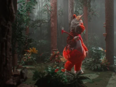 Horror-themed mascot character with a bandaged unicorn head carrying a red axe while walking through a misty forest filled with towering trees, flowers, and eerie cinematic light