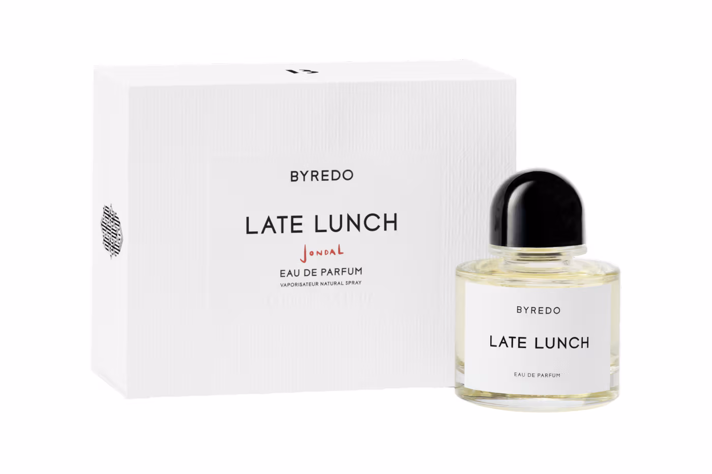 Byredo Late Lunch Eau de Parfum bottle displayed beside its white Mondal collaboration presentation box.