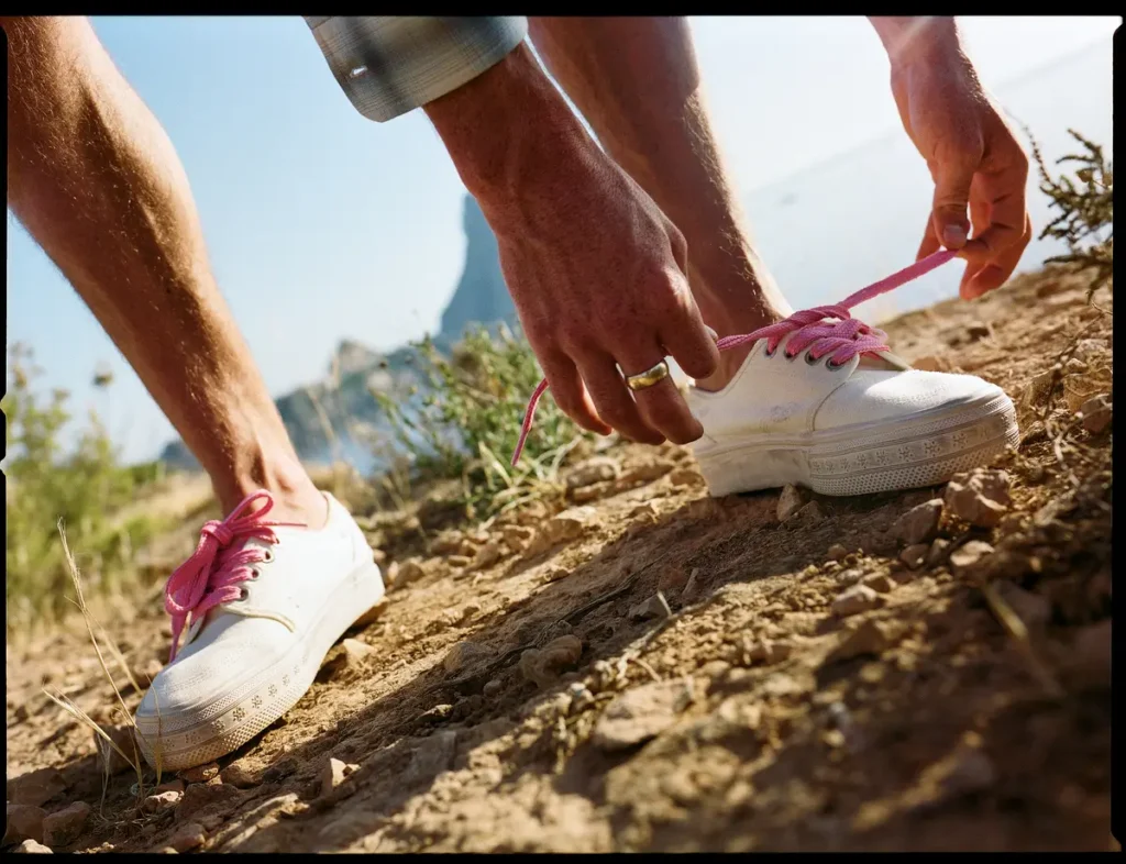 Close-up of white low-top canvas sneakers with bright pink laces as the wearer ties them on a rocky coastal trail with sea cliffs in the background