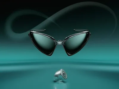 Oakley Infiniloop cat-eye sunglasses suspended above a futuristic earbud against a teal gradient background, emphasizing the eyewear's sculpture frame and mirrored len