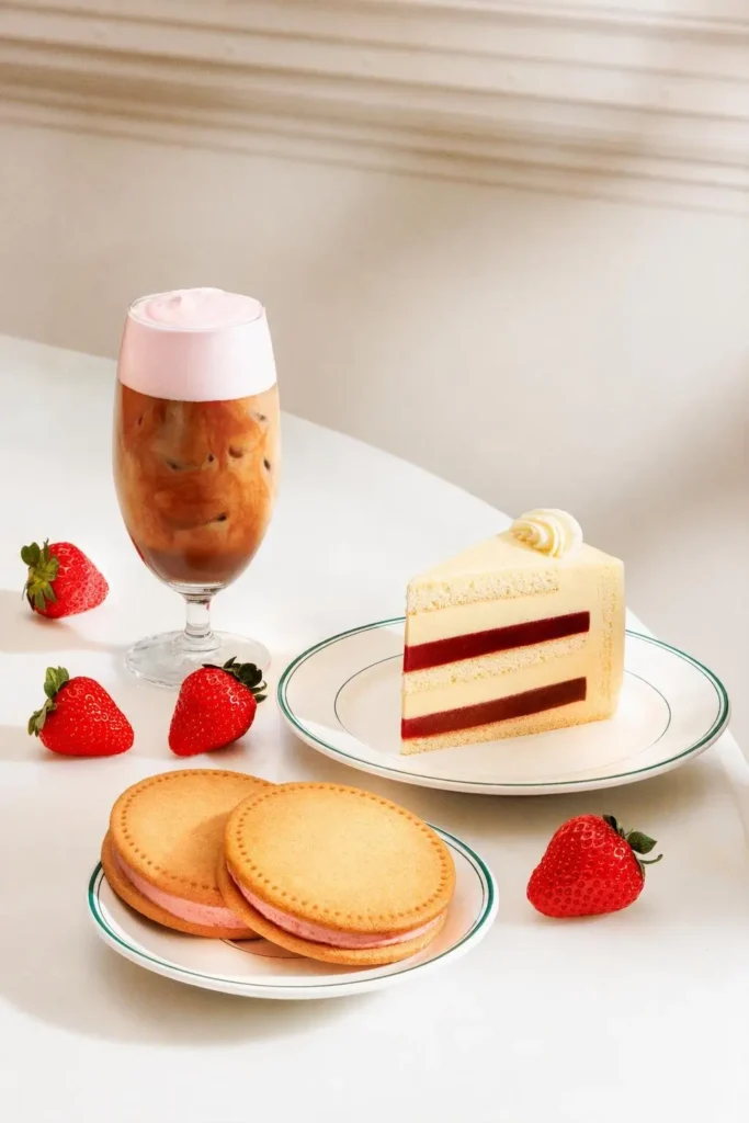 A seasonal café spread features a tall iced strawberry latte with pink foam beside a slice of strawberry layer cake and two strawberry cream sandwich cookies on white plates with green trim. Fresh strawberries are scattered across the white tabletop, creating a clean and inviting presentation against a softly lit neutral background