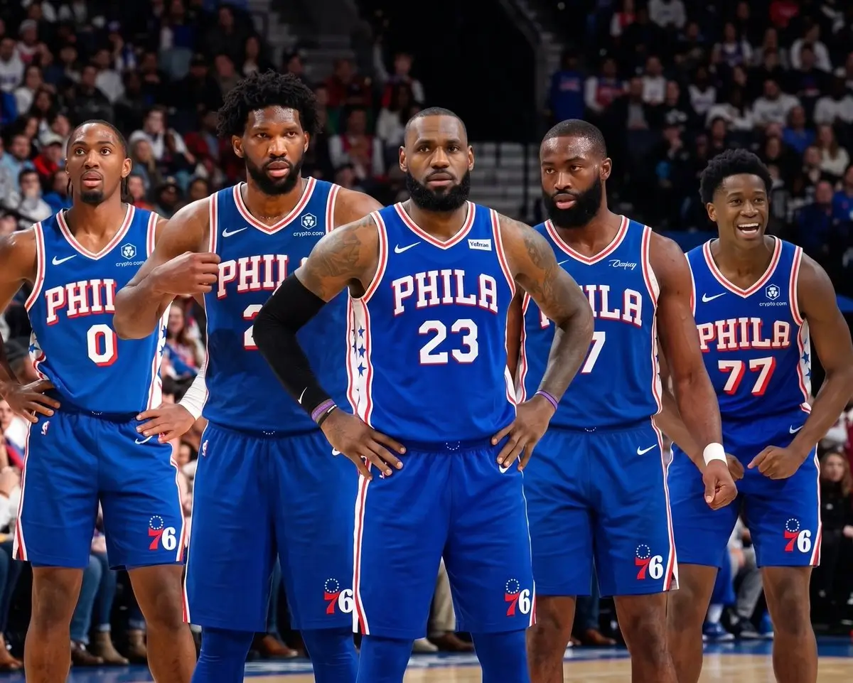 LeBron James in 76ers jersey with teammates