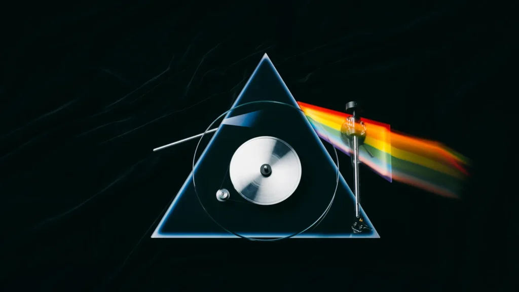 Artistic promotional image combining a turntable with The Dark Side of the Moon prism and rainbow beam, echoing the album's iconic cover in a dramatic black studio set