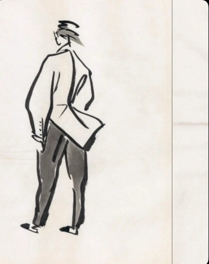 Min ink fashion sketch of a standing figure viewed from behind, wearing a loose jacket and tapered trousers rendered with expressive black brushstrokes on cream paper