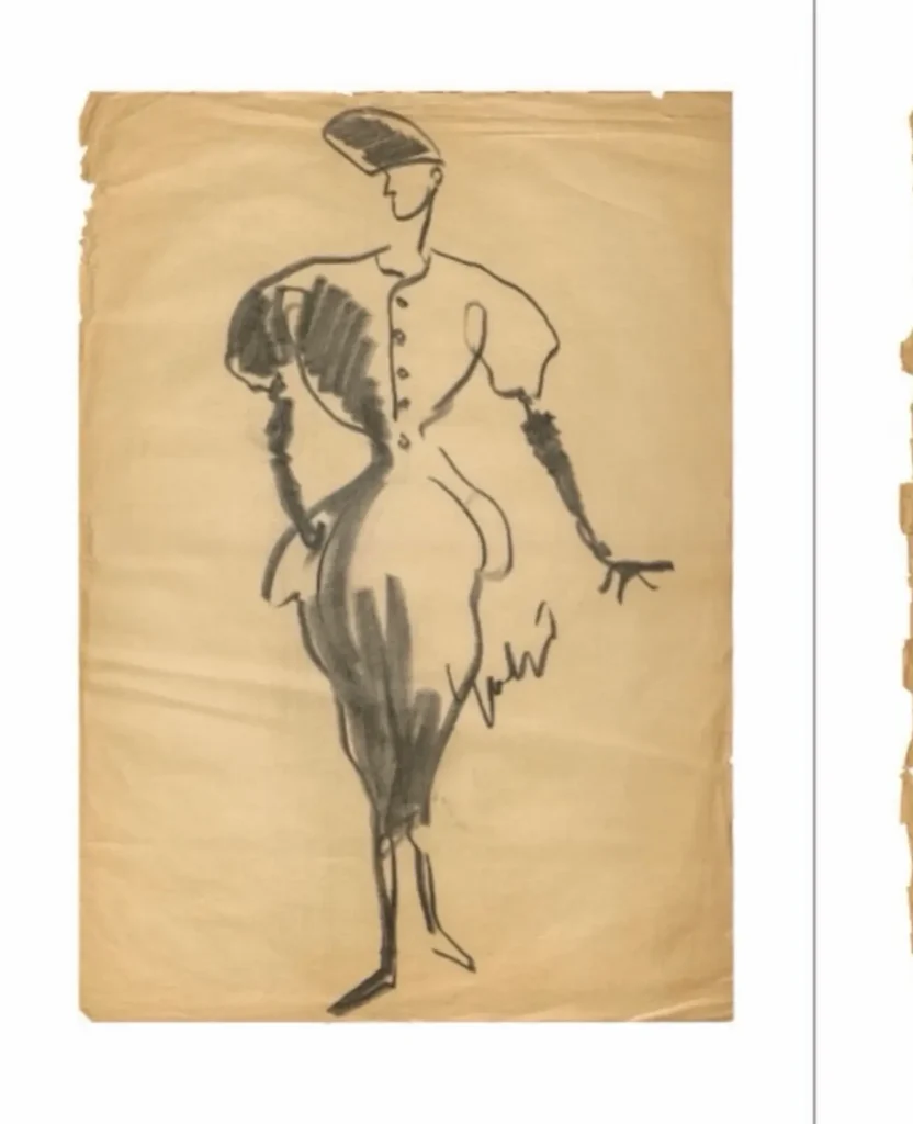 Fashion sketch of a stylized figure in a button-front dress with puff sleeves, painted in black ink over a warm tan paper background