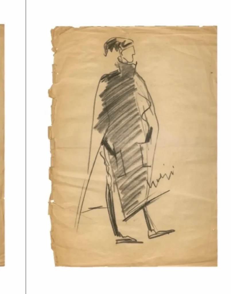 Expressive fashion illustration of a figure in a long high-collar coat, sketched with dark graphite shading on aged tan paper