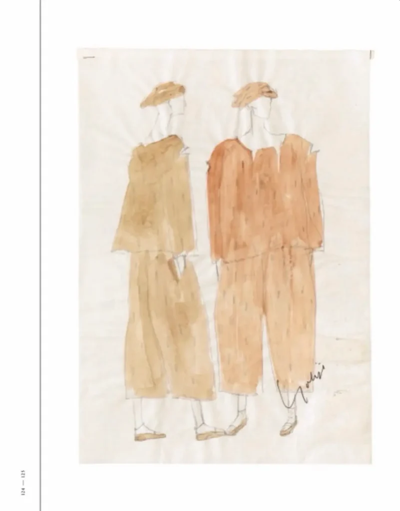 Watercolor fashion study of two simplified figures wearing oversized earth-toned garments and wide-leg trousers on cream paper