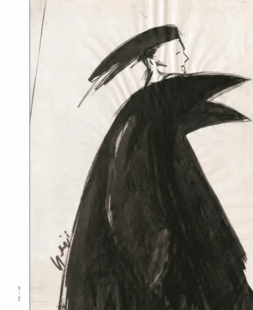 Dramatic black ink fashion illustration of a profile figure wrapped in an oversized sculpture coat with a sweeping hat-like sil