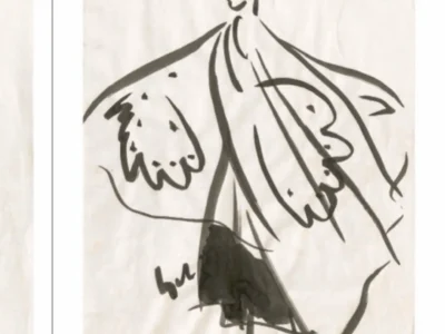 Expressive ink illustration of a figure wearing a wide cape-like garment with sweeping curved lines and abstract decorative accent