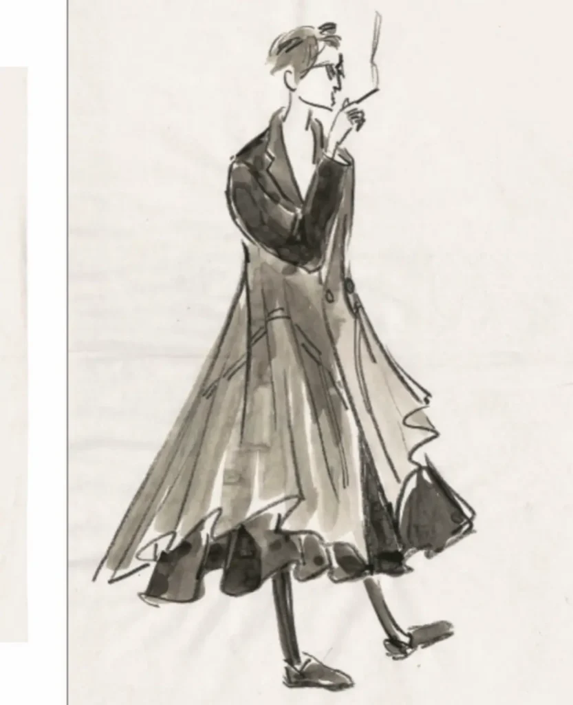 Elegant ink and watercolor fashion illustration of a walking figure in a flowing layered coat, holding a long cigarette holder in profile