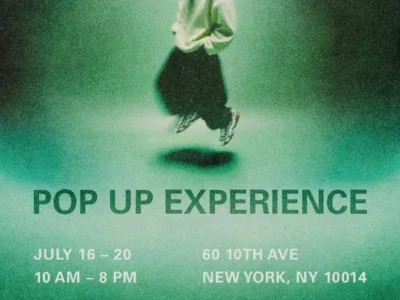 Promotional poster for the SKYLRK Pop Up Experience featuring a floating figure in a white hoodie against a grainy green backdrop. Text lists July 16–20, 10 AM–8 PM, at 60 10th Ave, New York, NY 10014, with the SKYLRK logo at the bottom