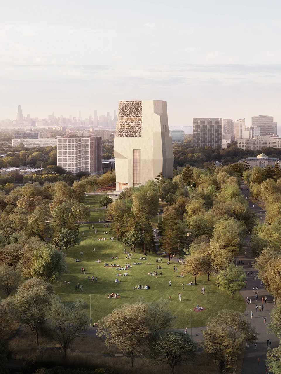 Architectural rendering of the Obama Presidential Center rising above Jackson Park in Chicago, surrounded by expansive lawns, mature trees, walking paths, and visitors enjoying the landscaped public grounds.