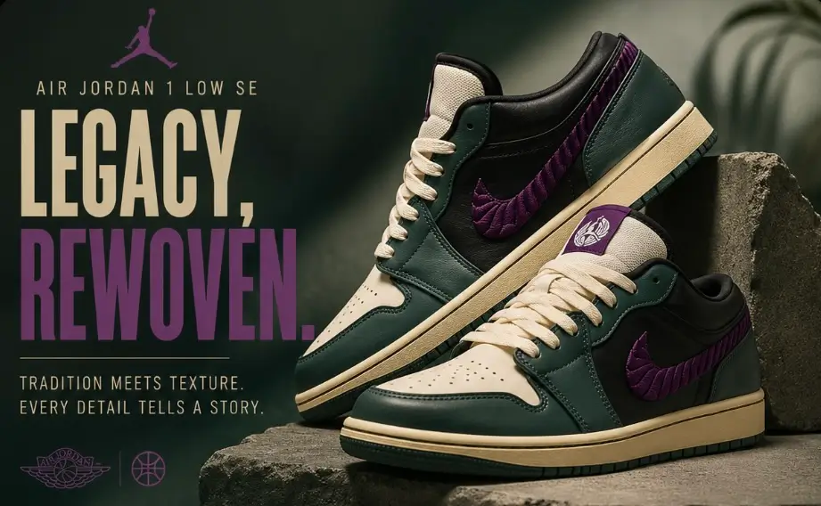 Editorial promotional artwork featuring the Air Jordan 1 Low SE in dark green, black, sail, and purple, spotlighting its braided Swoosh and vintage-inspired finish against a moody industrial backdrop.