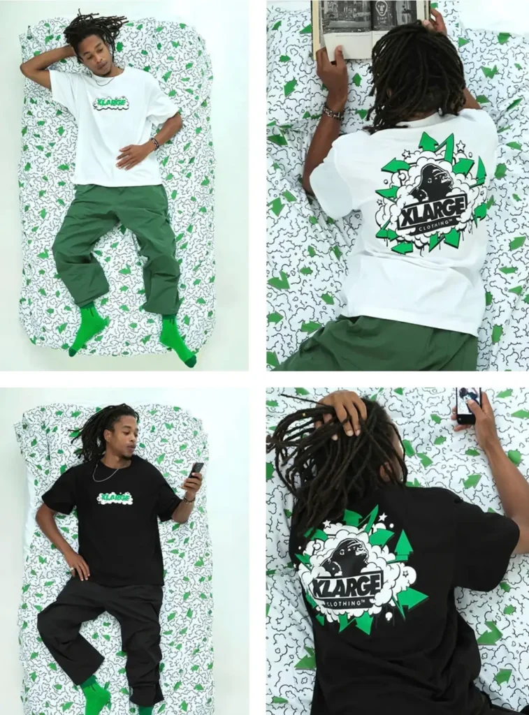 Four-panel campaign collage showing a model wearing the XLARGE x LIXTICK collection while reclining on a custom graphic mattress, highlighting both the front and oversized back prints of the white and black T-shirts paired with loose cargo pants and bright green sock