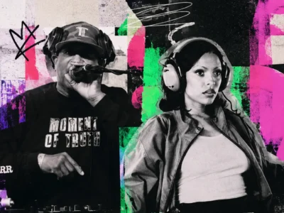 Black-and-white collage of a headphone-wearing DJ Premiere mid-shout at a mic beside a Samara Cyn wearing headphones and a jacket, set against a glitchy pink, green and purple graphic background