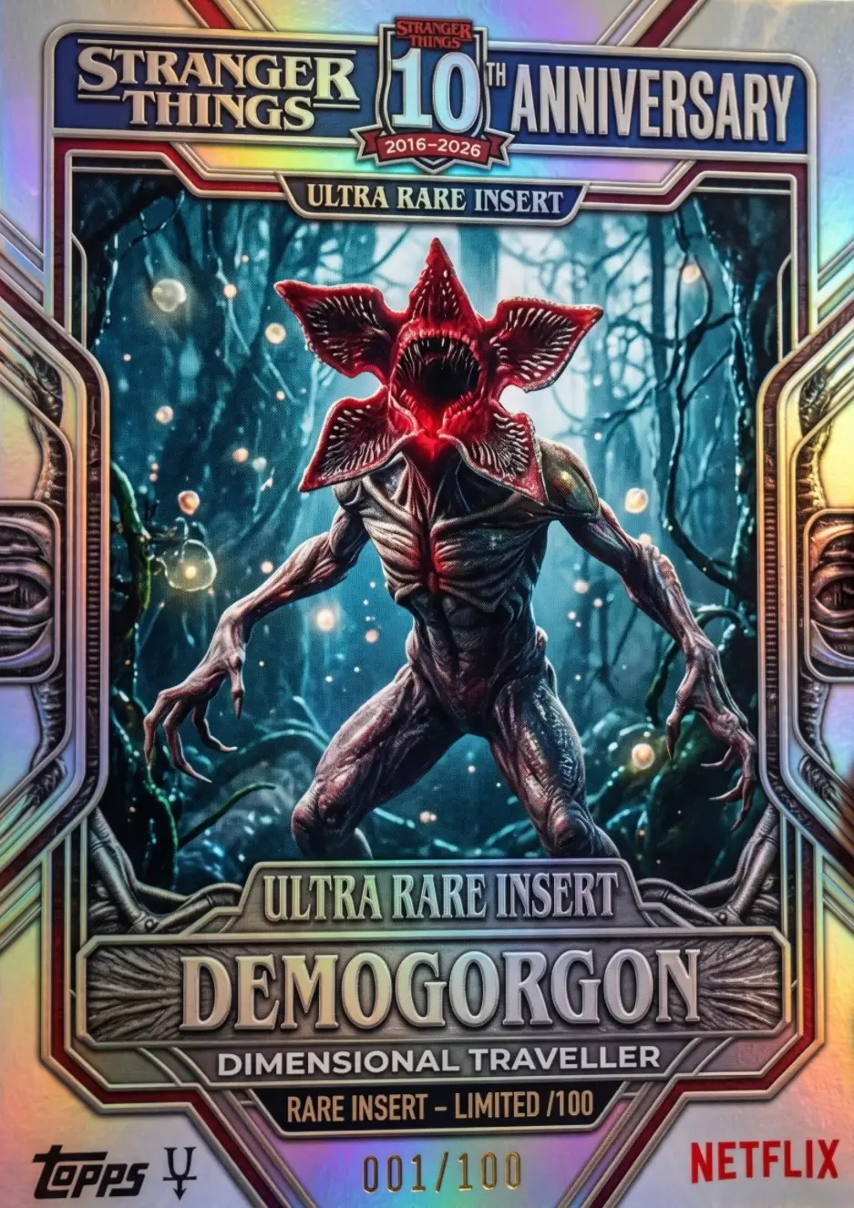 A holographic Topps Stranger Things 10th Anniversary trading card features the Demogorgon standing in a dark forest with its signature flower-like head open. The foil card is labeled 'Ultra Rare Insert,' celebrates the series' 2016–2026 anniversary, and includes Netflix and Topps branding with a numbered 001/100 print run.
