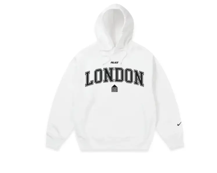 Front view of a white Nike x Palace London hoodie featuring bold collegiate "LONDON" lettering across the chest with Palace branding, a Dover Street Market logo, and a black Nike Swoosh on the sleeve