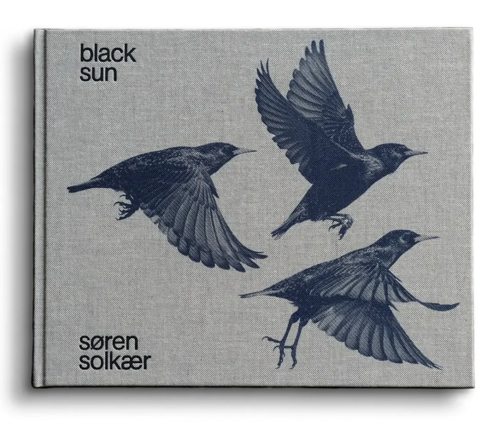 Gray linen hardcover book titled Black Sun by Søren Solkær, featuring three detailed black birds in different stages of flight across the cover. The minimalist design places the title in the upper left and the author's name in the lower left, emphasizing the monochrome avian artwork against the textured fabric background