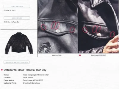 PSA Photo Match Certificate documenting a 2023 Tom Ford black leather jacket attributed to Jensen Huang. The certificate highlights matching creases and indentations between the jacket and a Getty Images photograph from Hon Hai Tech Day on October 18, 2023, with multiple comparison close-ups and official certification detail