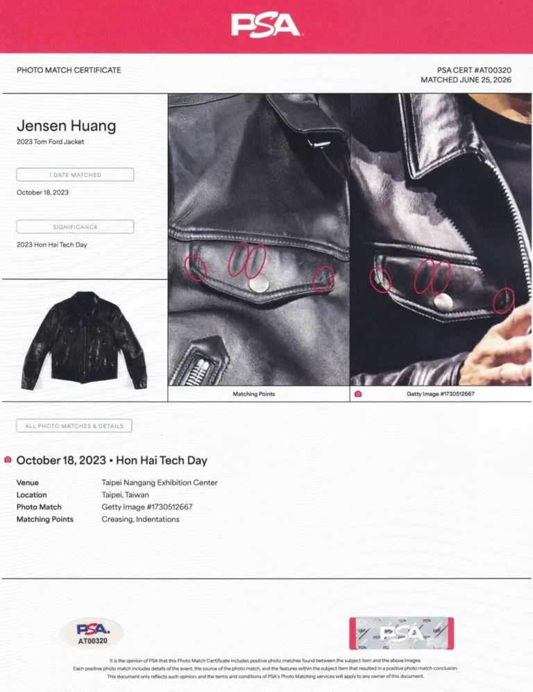 PSA Photo Match Certificate documenting a 2023 Tom Ford black leather jacket attributed to Jensen Huang. The certificate highlights matching creases and indentations between the jacket and a Getty Images photograph from Hon Hai Tech Day on October 18, 2023, with multiple comparison close-ups and official certification detail