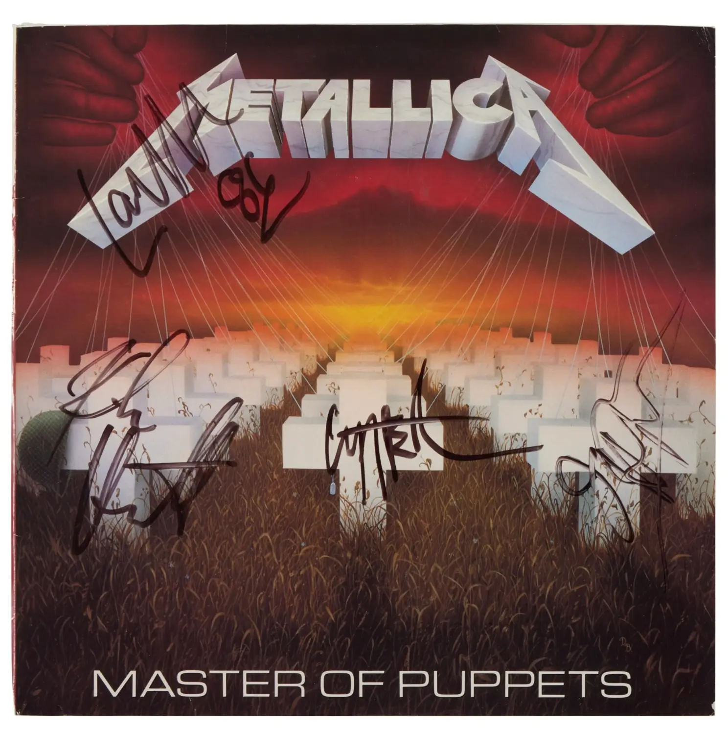 Vintage Metallica 'Master of Puppets' album cover featuring a field of white crosses beneath the band's iconic logo suspended by puppet strings against a dramatic red and orange sunset sky. This copy is signed across the artwork with multiple black band member autographs.