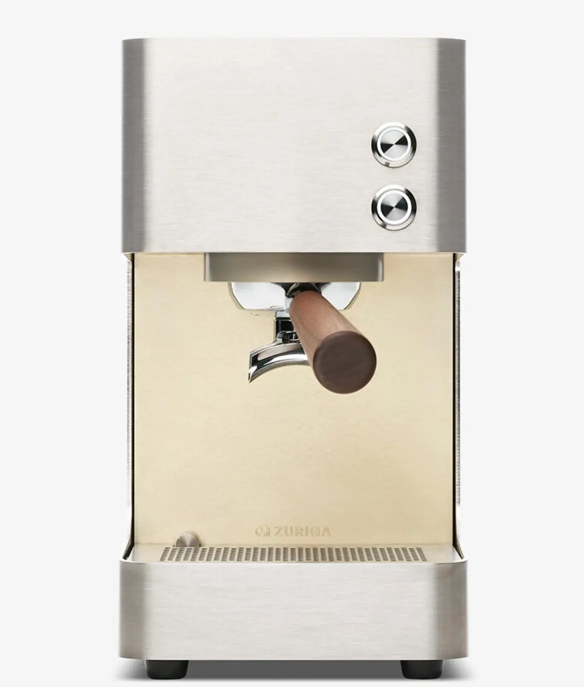 Front view of the ZURIGA E2-S espresso machine featuring a brushed stainless steel body, dual control buttons, wooden portafilter handle, and illuminated brewing chamber on a clean studio background.