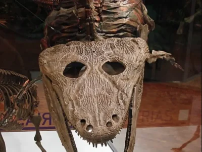 Front-facing view of a large carnivorous dinosaur fossil displayed inside a museum gallery. The massive skull dominates the frame with wide eye sockets, an elongated snout, and jaws held open to reveal rows of sharp fossilized teeth. Behind the skull, the ribcage and spine extend backward, while other dinosaur skeletons and exhibit reflections are visible through the surrounding glass display