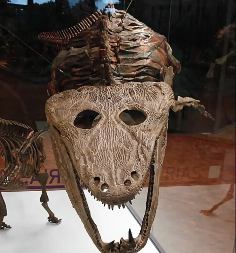 Front-facing view of a large carnivorous dinosaur fossil displayed inside a museum gallery. The massive skull dominates the frame with wide eye sockets, an elongated snout, and jaws held open to reveal rows of sharp fossilized teeth. Behind the skull, the ribcage and spine extend backward, while other dinosaur skeletons and exhibit reflections are visible through the surrounding glass display
