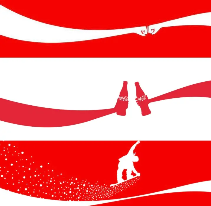 Three-panel Coca-Cola graphic illustrating the brand's iconic white ribbon transformed into different visual stories: linked pinky fingers in the top panel, two Coca-Cola glass bottles toasting in the middle, and a snowboarder carving through sparkling snow in the bottom panel, all set against Coca-Cola's signature red-and-white color palette.