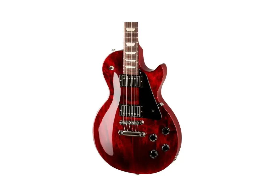 A single-cut electric guitar photographed against a clean white background. The instrument features a deep transparent cherry red gloss finish over a figured maple top, dual chrome-covered humbucker pickups, a black pickguard, chrome Tune-o-Matic bridge with stopbar tailpiece, four black control knobs, and a rosewood fingerboard with trapezoid inlays. The centered studio product shot highlights the guitar's classic carved body shape and polished hardware.