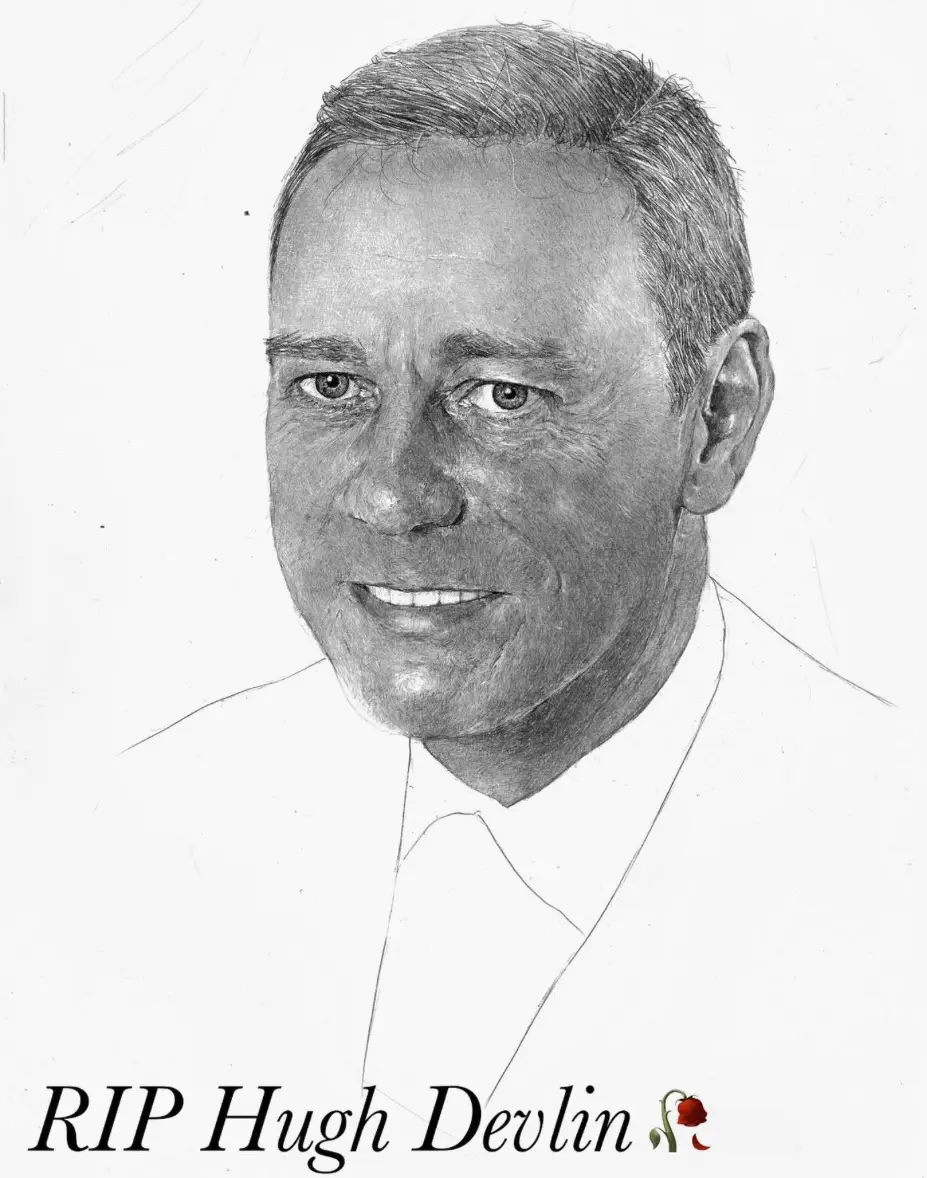A finely detailed black-and-white pencil portrait of Hugh Devlin smiling gently, shown from the shoulders up in a suit and tie against a clean white background. At the bottom of the illustration, the inscription 'RIP Hugh Devlin' appears in elegant italic serif lettering alongside a single red rose, creating a simple memorial tribute.