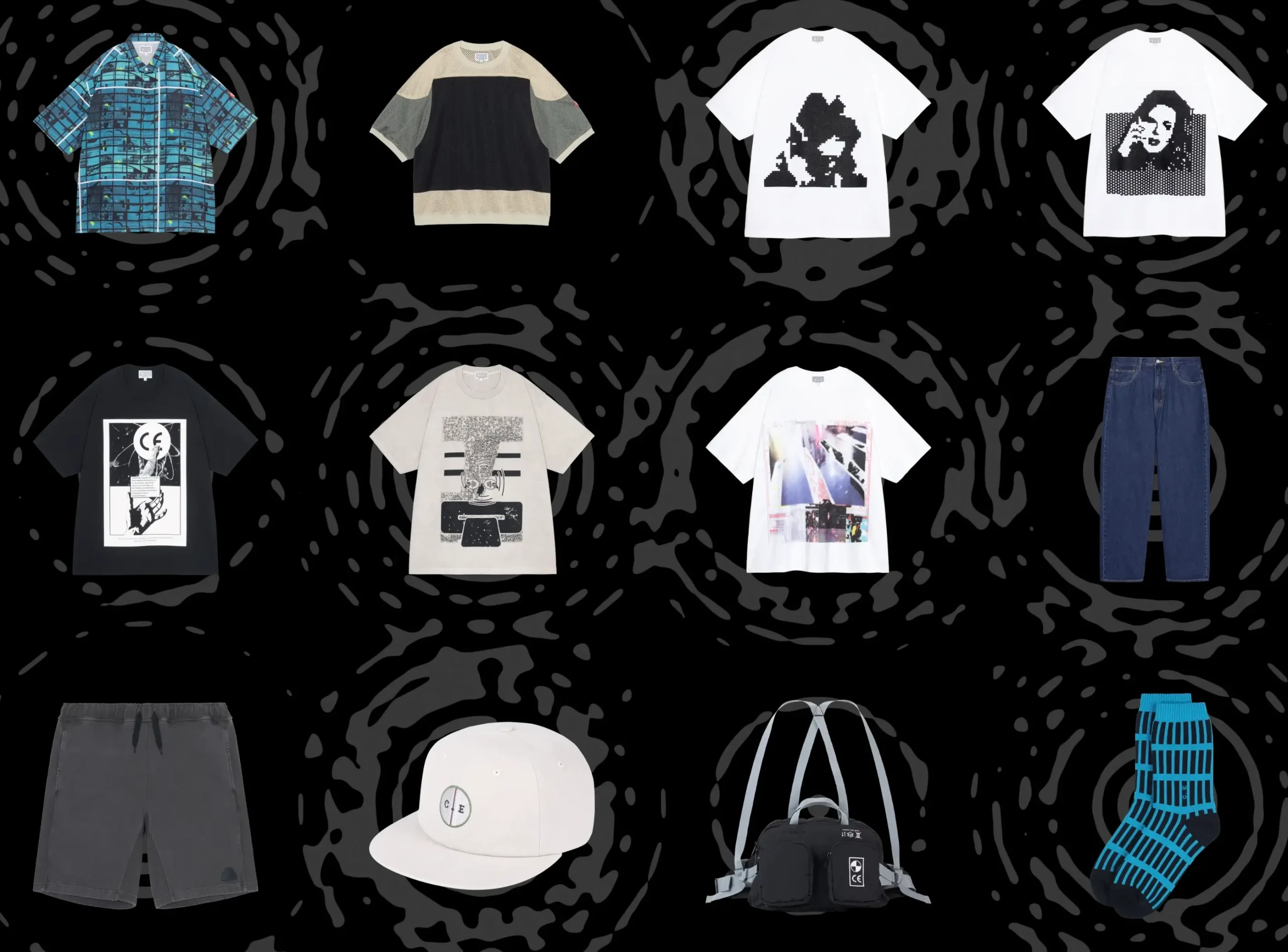 Grid presentation of the C.E collection featuring printed shirts, graphic T-shirts, denim, shorts, knitwear, cap, backpack, and patterned socks displayed against a black abstract background.