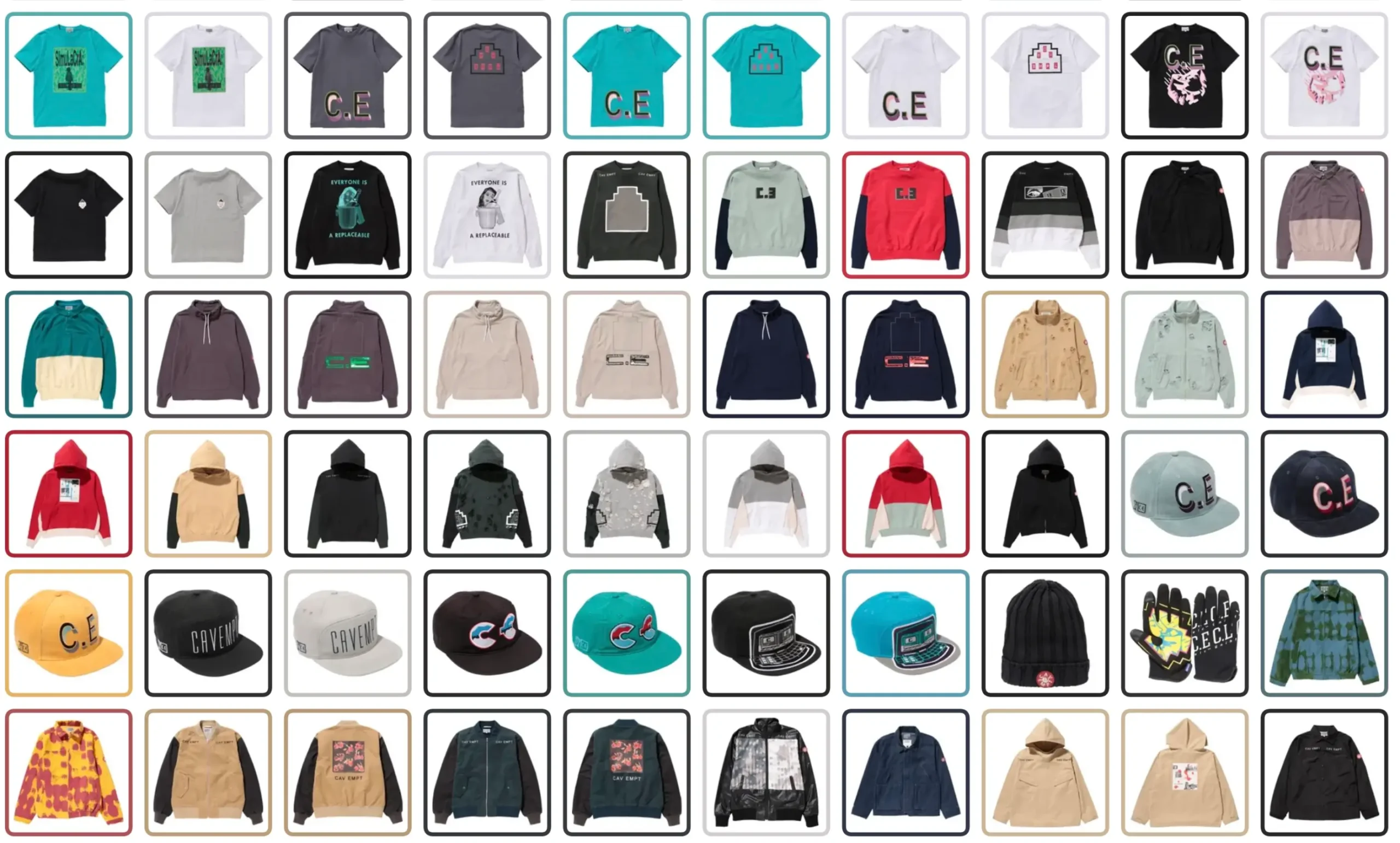 Comprehensive product grid showcasing a C.E collection with graphic T-shirts, sweatshirts, hoodies, jackets, overshirts, caps, gloves, and accessories presented in multiple seasonal colorways.