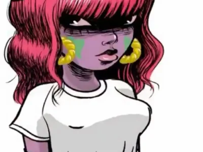 Cartoonish Animated woman with wavy pink hair and choppy bangs, wearing a white cap with green underbrim and pink script. Purple-toned skin, gold hoop earrings, white tee, teal belt, pink pants