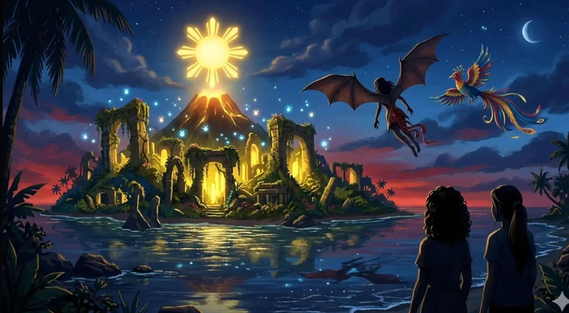 Illustration of a glowing island with ancient ruins, mythical creatures, and two children watching from the shore at night.