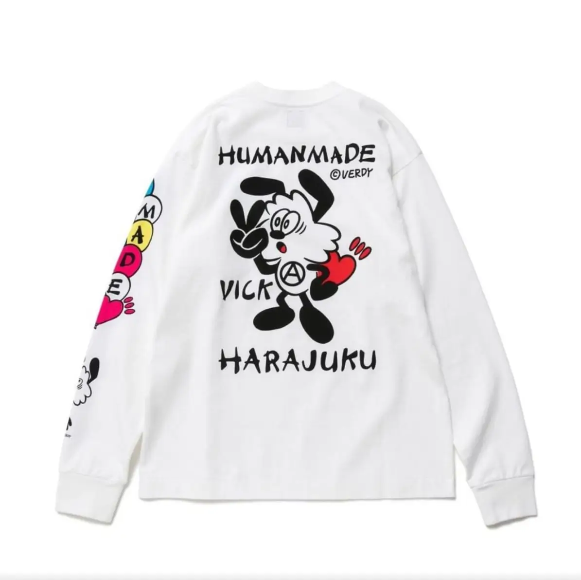 Back of the Human Made x VERDY Harajuku long-sleeve white T-shirt featuring the VICK character with bold black graphics, colorful sleeve artwork, and signature streetwear branding.
