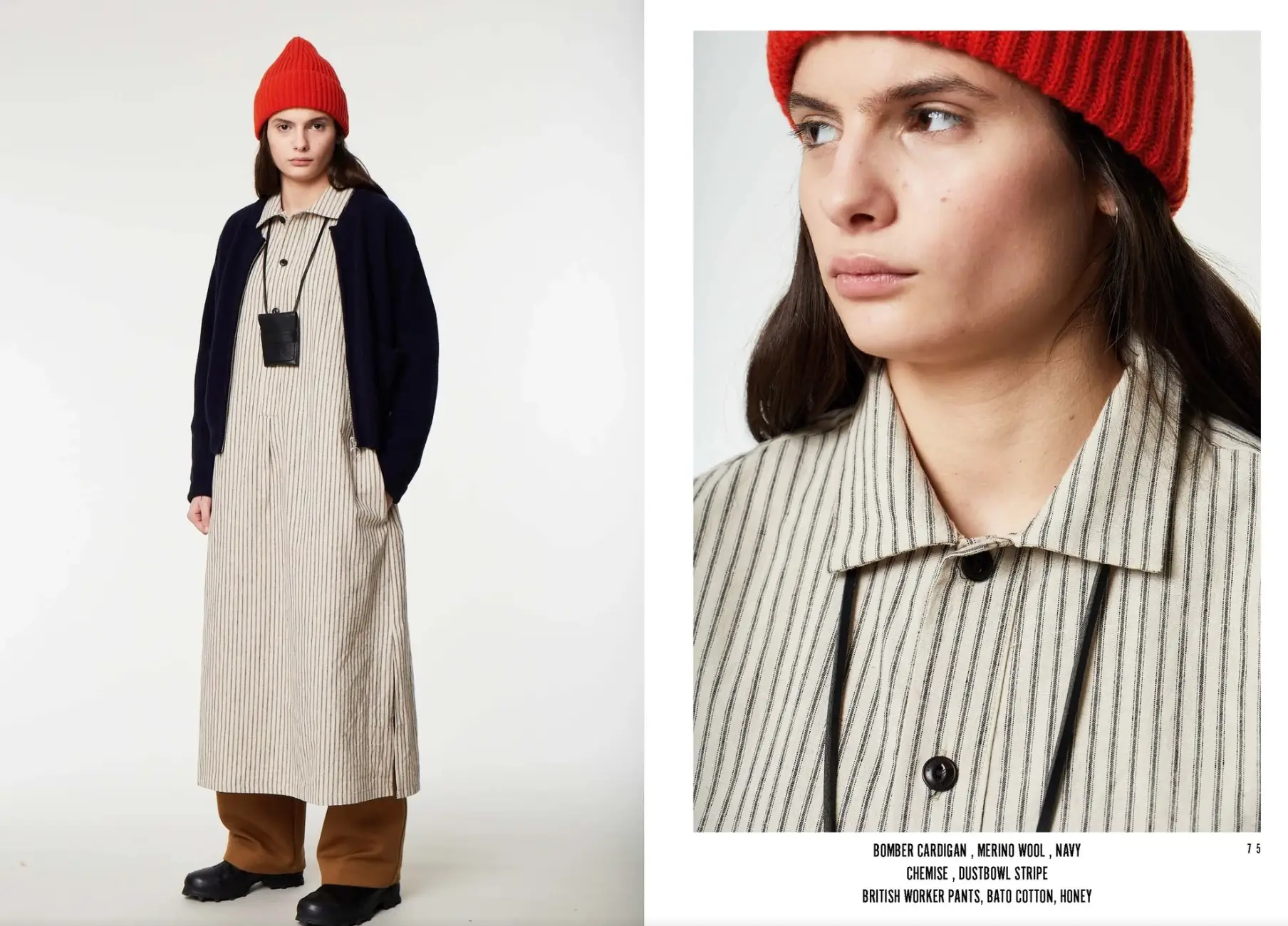 Model wearing a red knit beanie, navy bomber cardigan, striped shirt dress, brown trousers, and black shoes