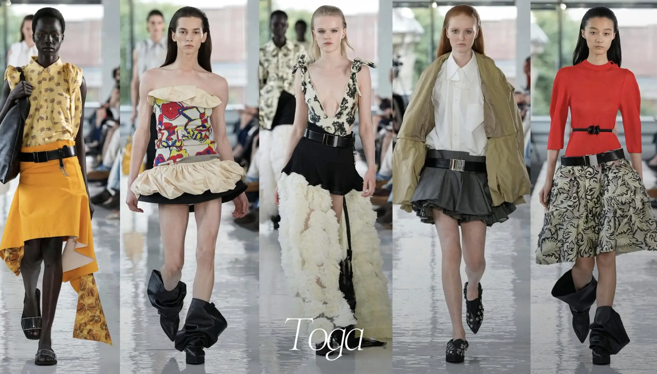 Five looks from TOGA's runway collection shown side by side, featuring sculptural silhouettes, bold prints, layered tailoring, statement belts, and oversized footwear.