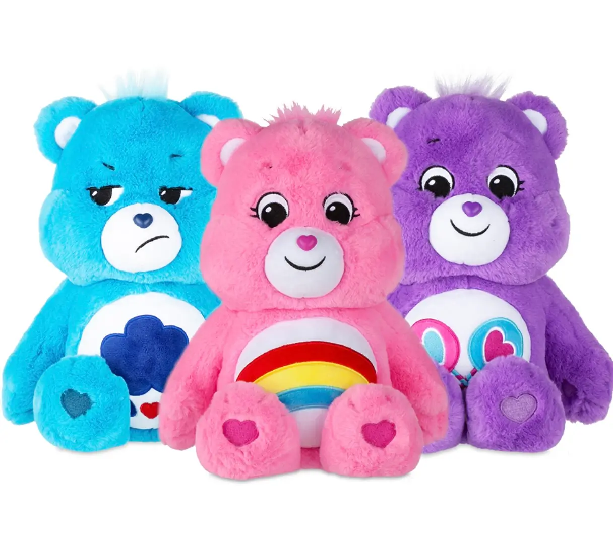 Three Care Bears plush toys featuring Grumpy Bear, Cheer Bear, and Share Bear displayed together on a white background.