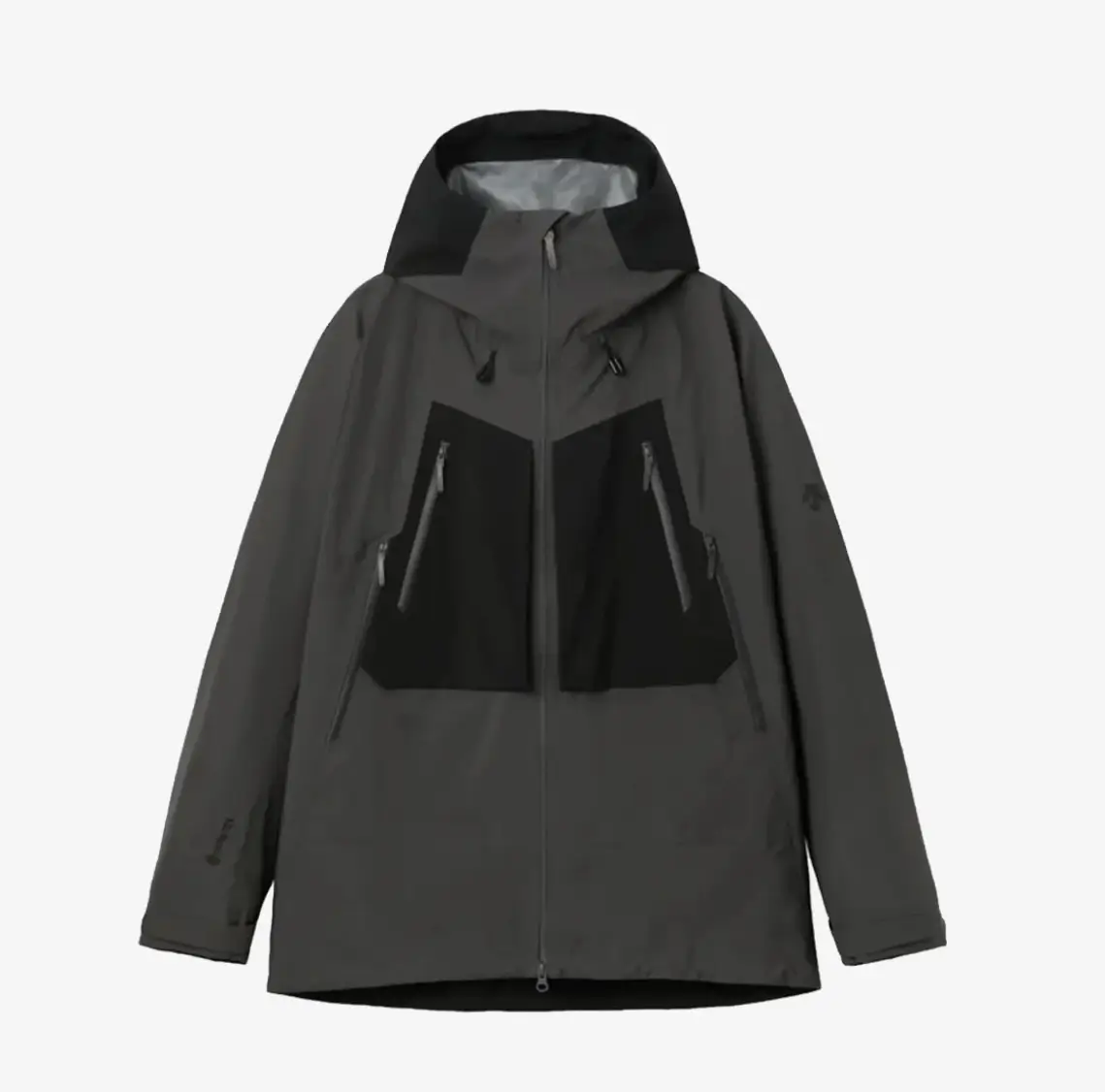 DESCENTE ALLTERRAIN 81 charcoal waterproof hooded shell jacket with dual zip chest pockets and minimalist technical design