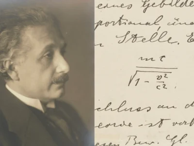 Vintage side-by-side image featuring a profile portrait of Albert Einstein next to a handwritten manuscript page with scientific notes and the Lorentz factor equation