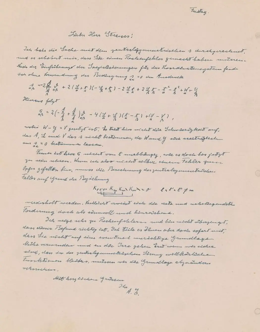 Handwritten letter in German by Albert Einstein featuring mathematical equations and notes related to theoretical physics on a single manuscript page.