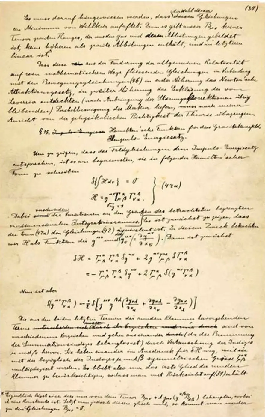 Historic handwritten physics manuscript page filled with German text, mathematical equations, and scientific derivations related to Albert Einstein's theory of relativity.