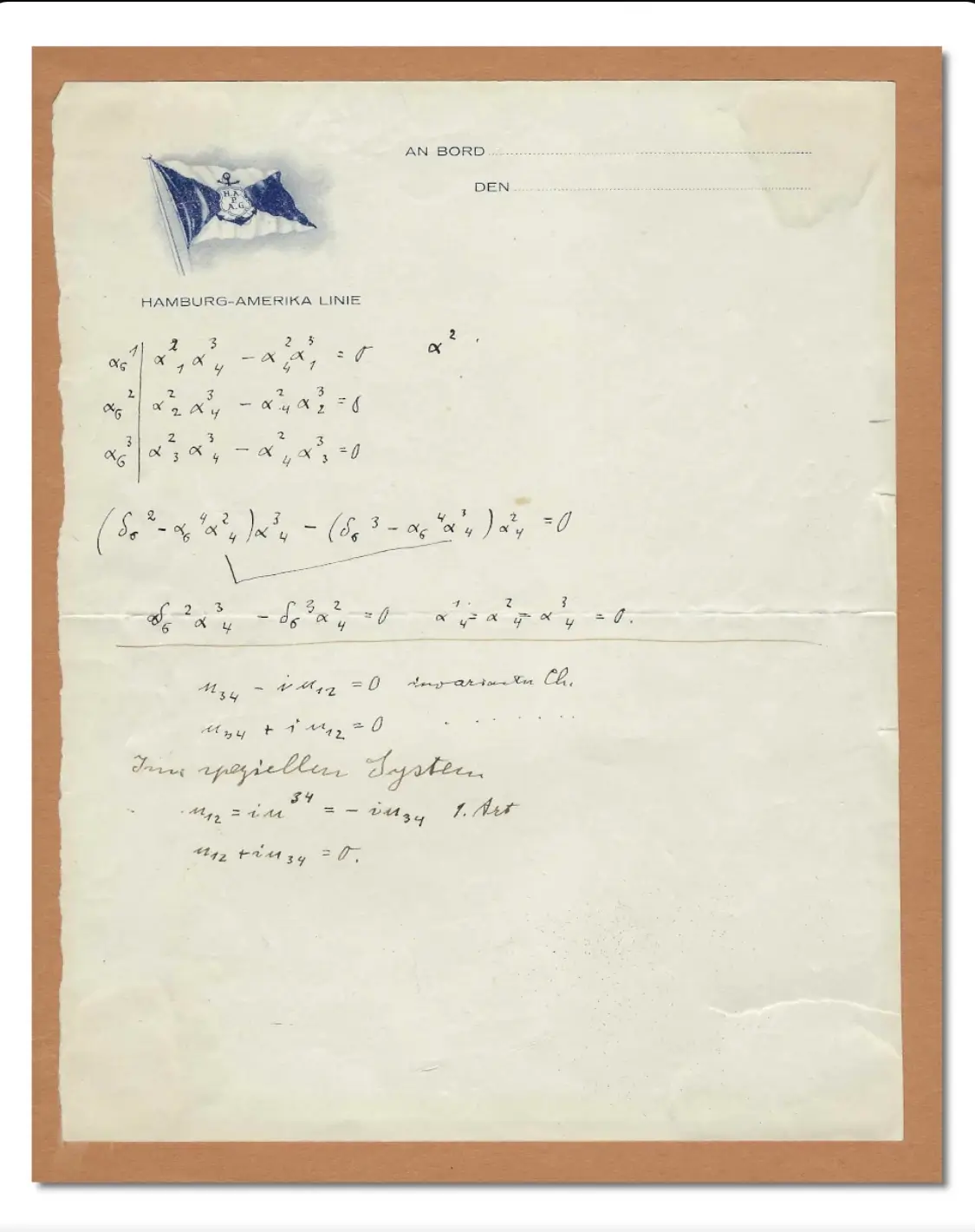 Historic Hamburg-Amerika Line stationery featuring handwritten mathematical equations and physics notes associated with Albert Einstein's theoretical research.