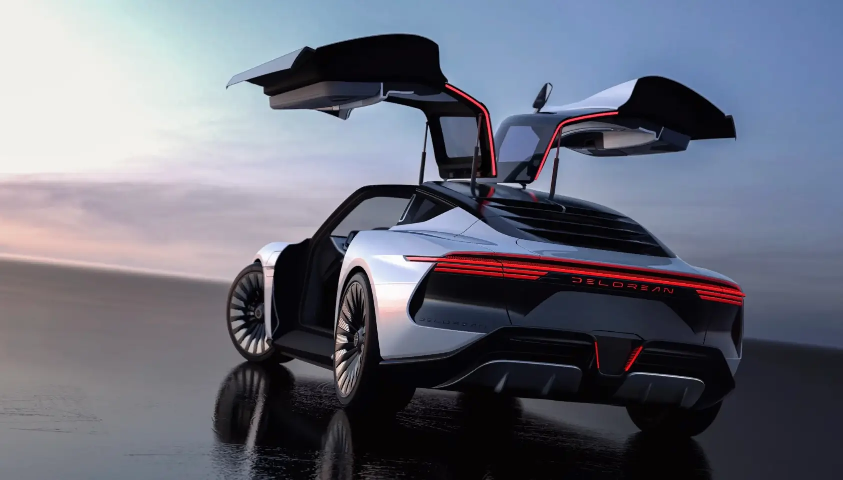 Modern DeLorean electric sports car with gullwing doors open, featuring sleek silver bodywork, full-width LED taillights, and futuristic styling at sunset.