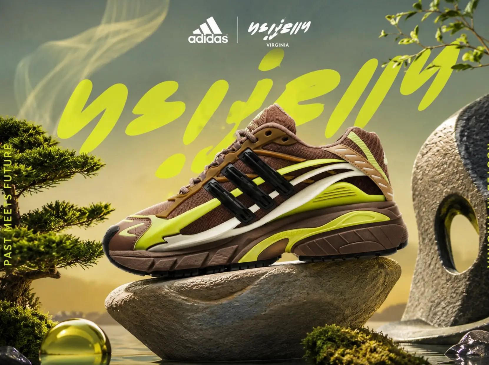 Brown adidas sneaker from the adidas x Yelir World collaboration featuring black Three Stripes, cream overlays, neon yellow accents, and a sculpted performance-inspired sole displayed on a smooth stone in a tranquil Japanese-inspired garden.