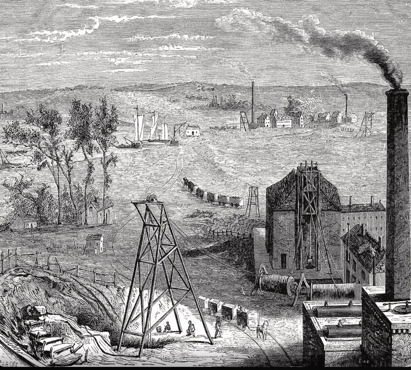 Historic black-and-white engraving depicting an early industrial mining landscape with a steam-powered factory, tall smokestack, winding gear, rail carts, workers, sailing boats, and surrounding countryside during the Industrial Revolution.