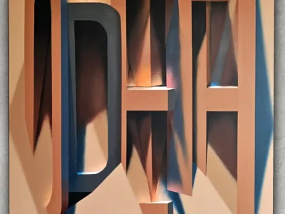 Abstract geometric wall artwork featuring layered three-dimensional letterforms in warm peach, beige, and charcoal tones. The sculptural typography casts dramatic angular shadows across a softly illuminated background, creating depth and an architectural illusion with a modern minimalist aesthetic