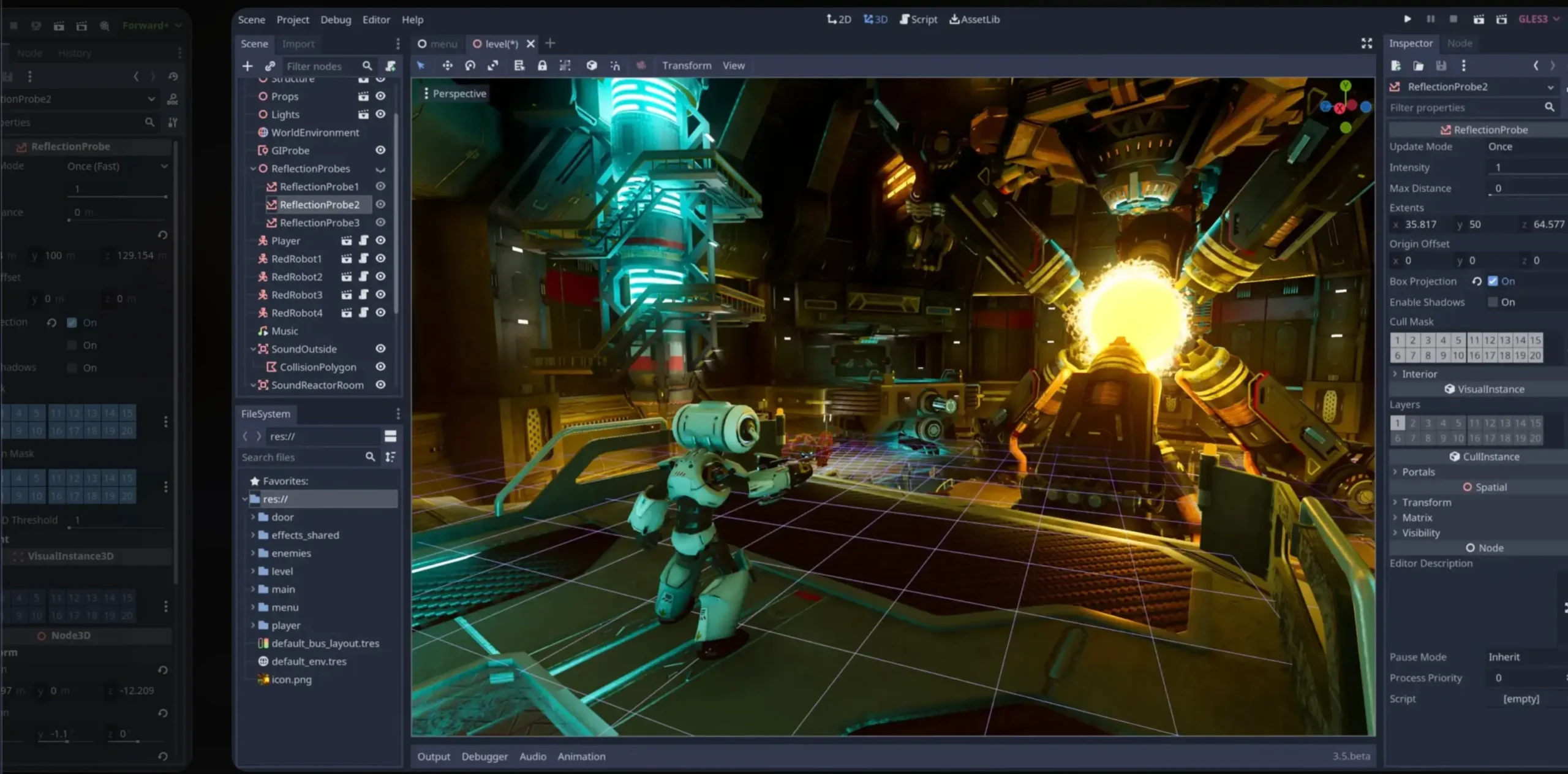 Godot Engine editor displaying a sci-fi industrial game level with a robot character, glowing reactor core, reflection probes, and lighting tools visible in the development interface.
