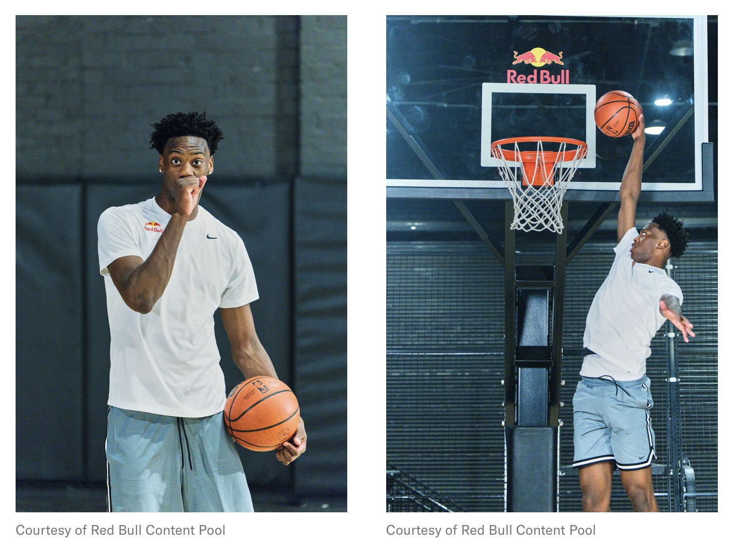 Basketball player posing with a Wilson basketball and soaring for a one-handed dunk beneath a Red Bull-branded hoop.